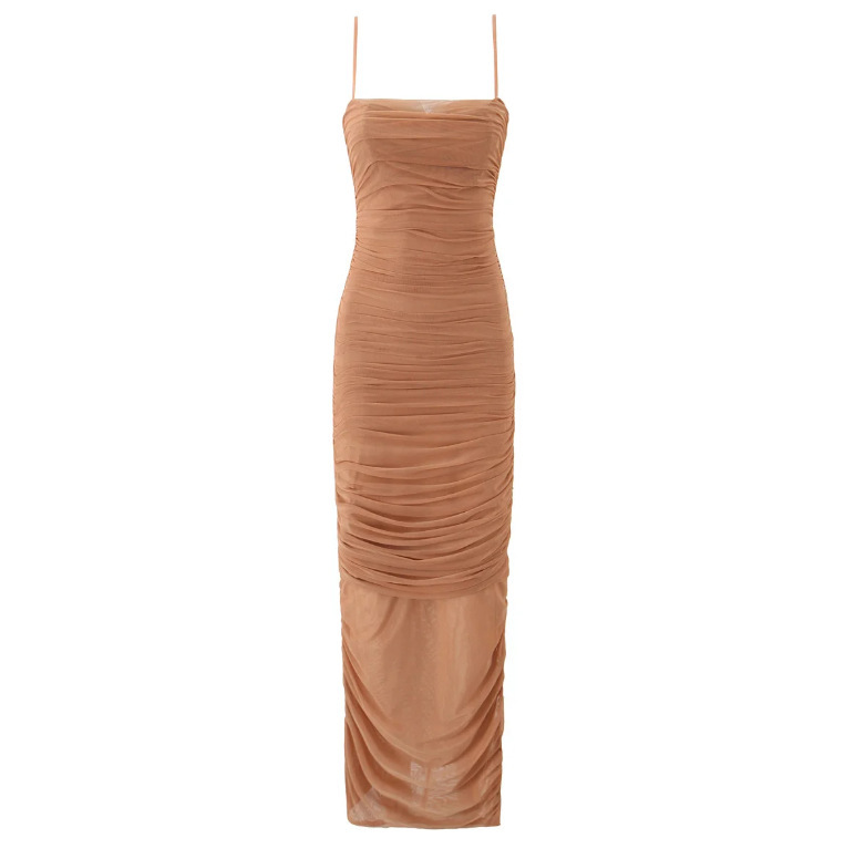 Stretch Mesh Pleated Long Dress for Women 2025 Summer New European and American Style Sexy Tube Top Sexy Hip Skirt