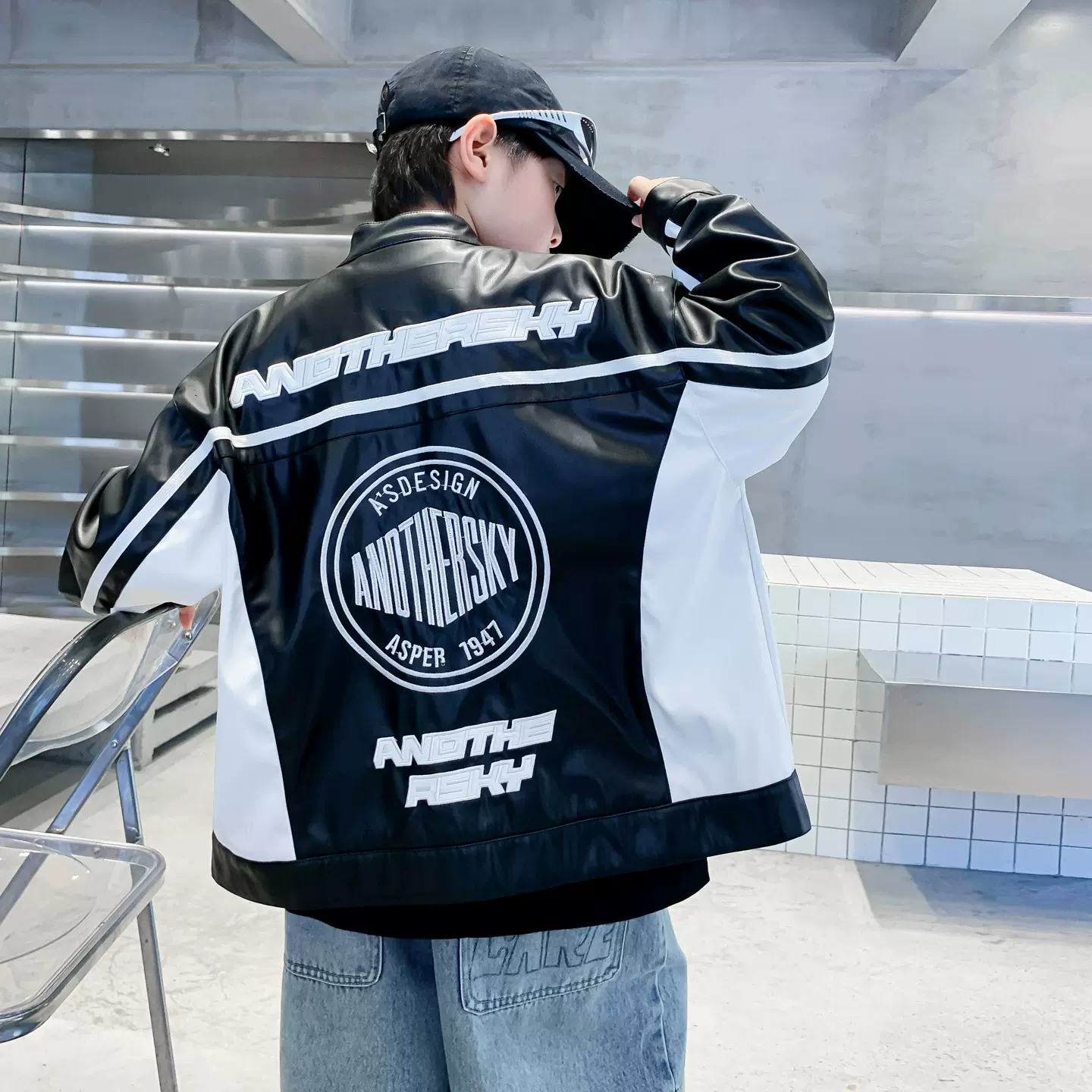 男童春秋痞帅机车风运动皮衣外套2025新款青少年儿童撞色防水夹克