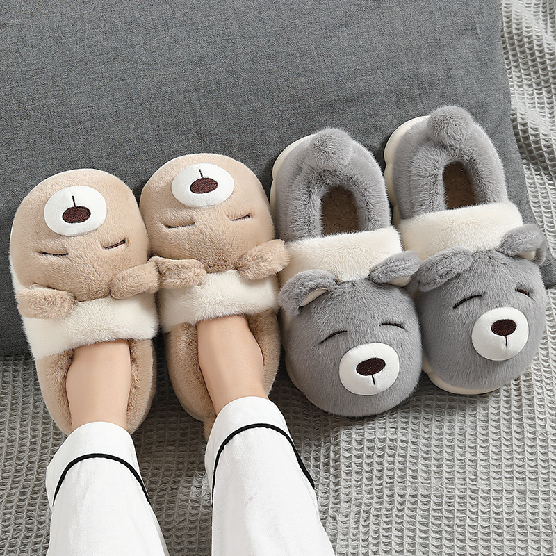 Women's Winter Cotton Slippers with Heel, Cute Non-Slip Thick-Soled Warm Plush Outdoor Slippers, Men's Winter Style Wholesale