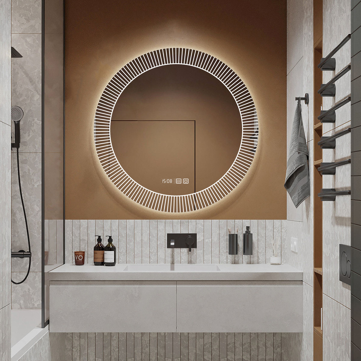 Espejo de baño Espejo inteligente redondo Espejo de pared Espejo de baño Inodoro LED luminoso Espejo de vestuario Pantalla táctil