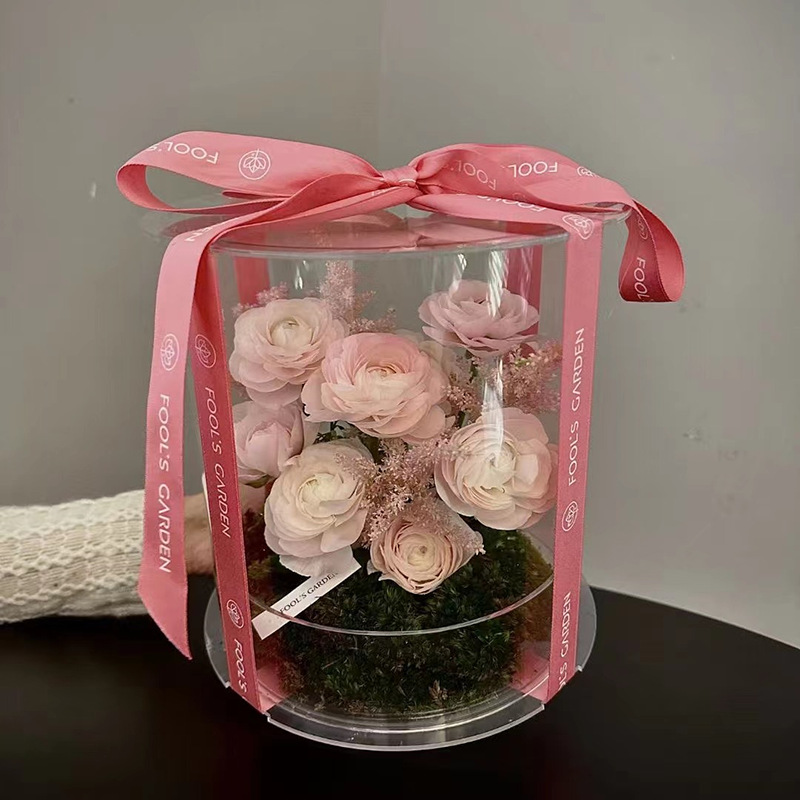 Caja de regalo de amor portátil de espejo personalizado al por mayor flores CD caja de flores de acrílico transparente caja de regalo de tapa de cesta de flores