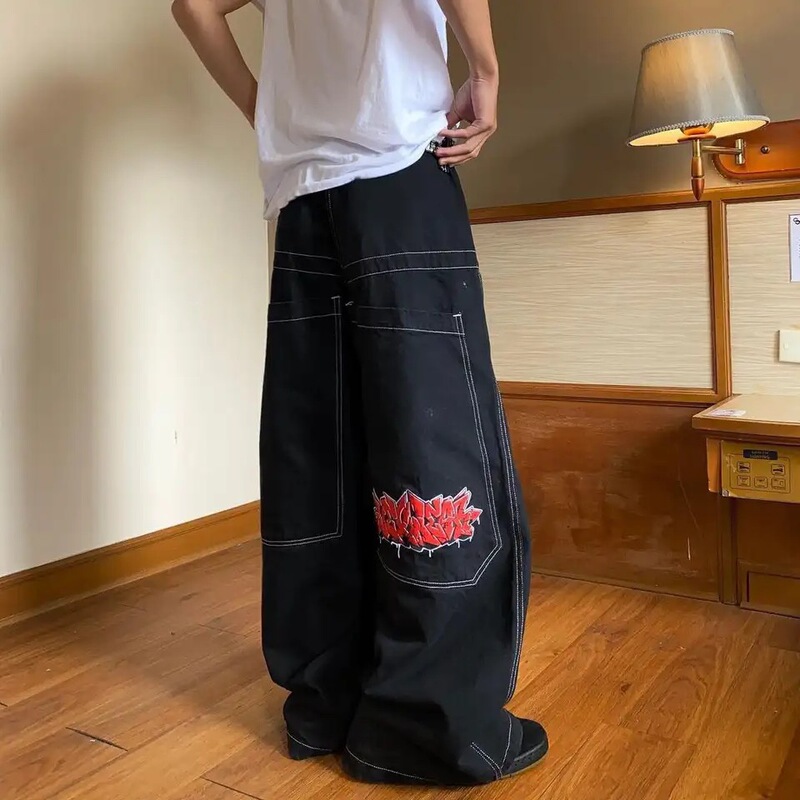 Cross-border high street hip hop fashion brand embroidered jeans men and women European and American retro loose wide leg JNCO jeans trousers