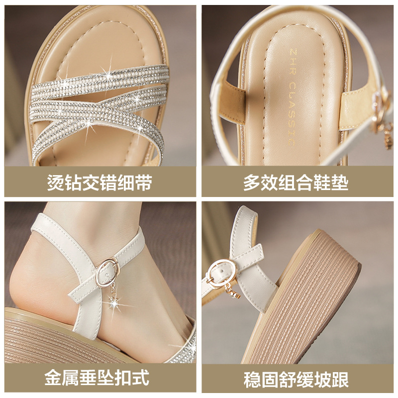 Sandal cao gót nữ đính đá phong cách La Mã, đế xuồng thoải mái — AY161 Trắng be
