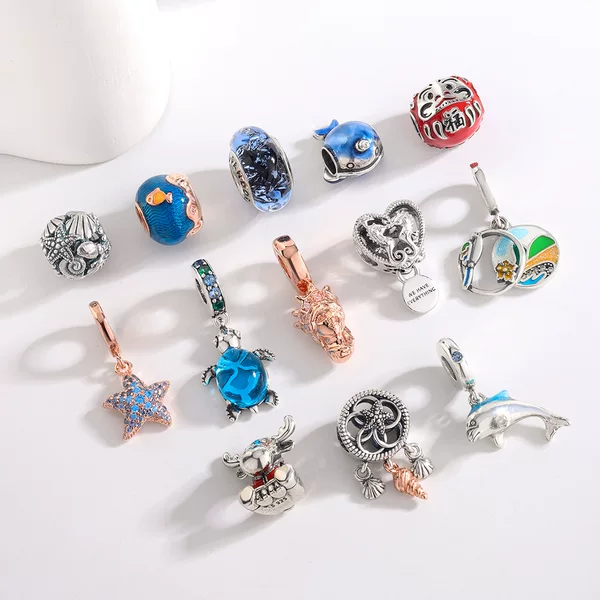 Panjia White Copper Silver-Plated Beads Rose Flower Turtle Heart-Shaped Shell Fixed Clasp Glass Beads DIY Beading Accessories