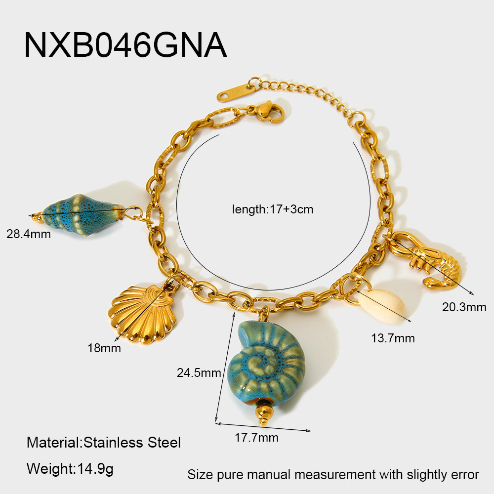 PVD Coated Gold Plating Process Beach Sweet Starfish Conch Shell 304 Stainless Steel Ceramics Figaro Chain Multi Charms Bracelet In Bulk