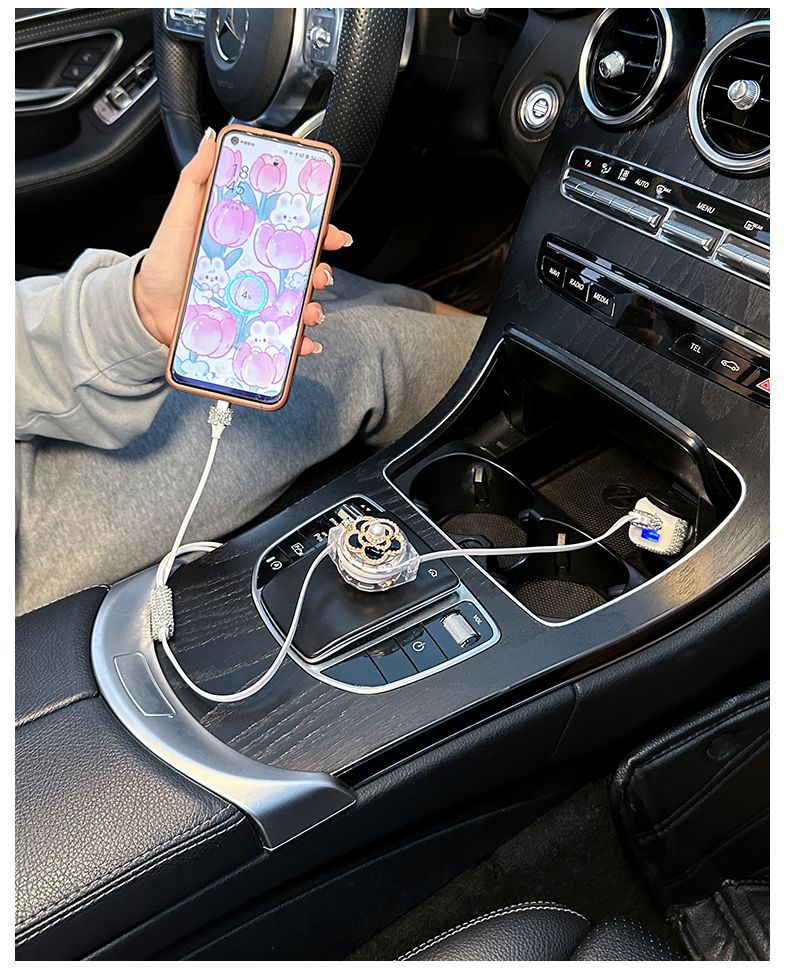 Car Charger Fast Charging Cigarette Lighter Light Luxury Car One to Three Multi-Function Telescopic Three-In-One Mobile Phone Data Cable
