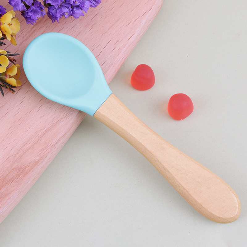 Factory Direct Sales Special Wooden Handle Fork and Spoon for Eating, Food-Grade Children's Silicone Spoon, Feeding Supplementary Food Spoon, Supplementary Food Tableware