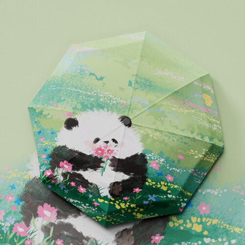 Cartoon Children's Umbrella Panda Oil Painting Manual Folding Black Rubber Sunshade Rain Umbrella with Printed Logo