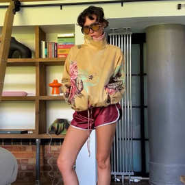 跨境欧美复古风花卉印花卫衣外套女高领宽松拉链套头上衣外贸女装