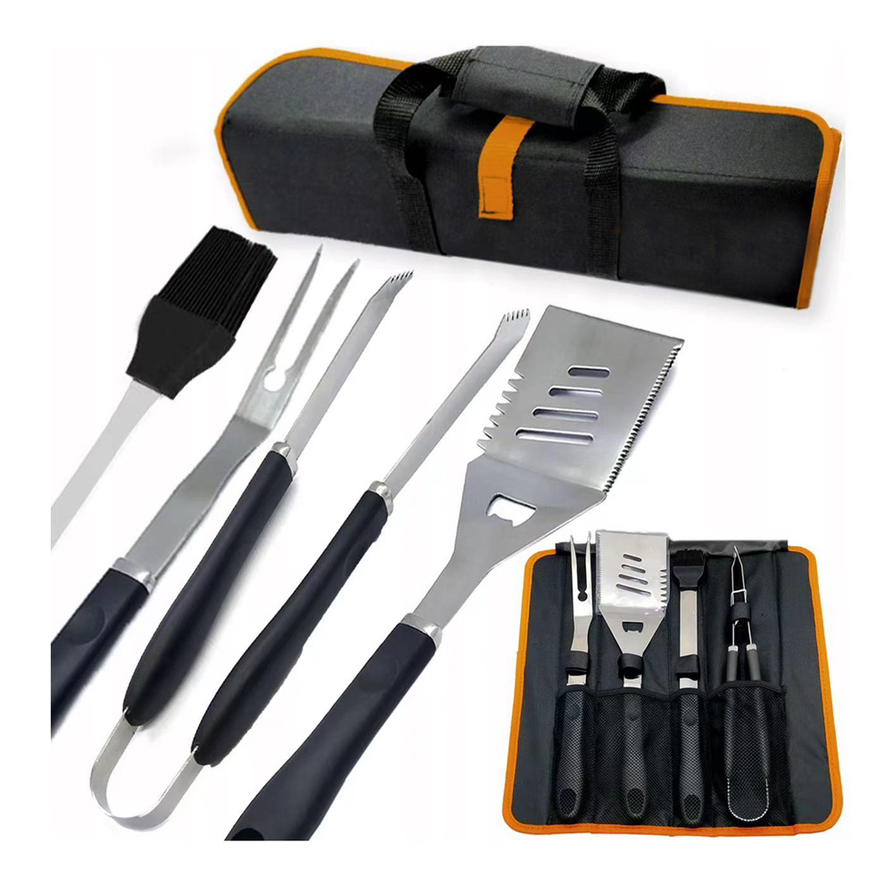 Fábrica directa Amazon camping BBQ combinado herramientas de barbacoa mango de plástico de acero inoxidable set de parrilla