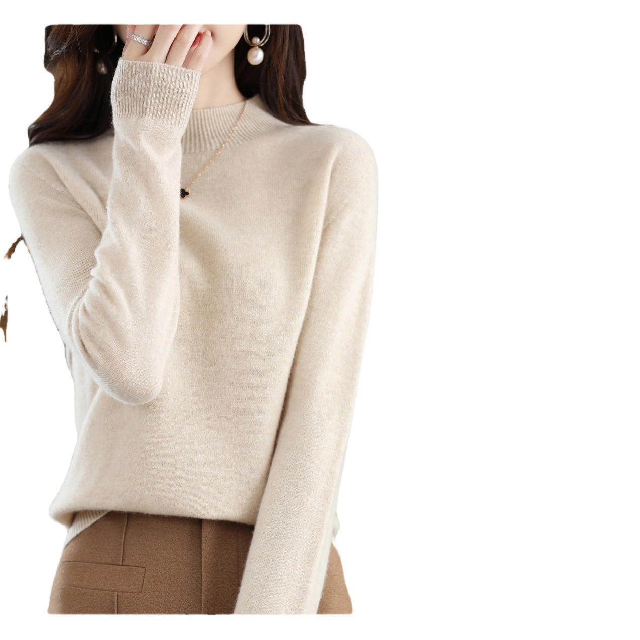 雪桐ハーフタートルネックニット長袖プルオーバーインナーウェア、都会風レディース秋冬暖かいゆったりニット無地