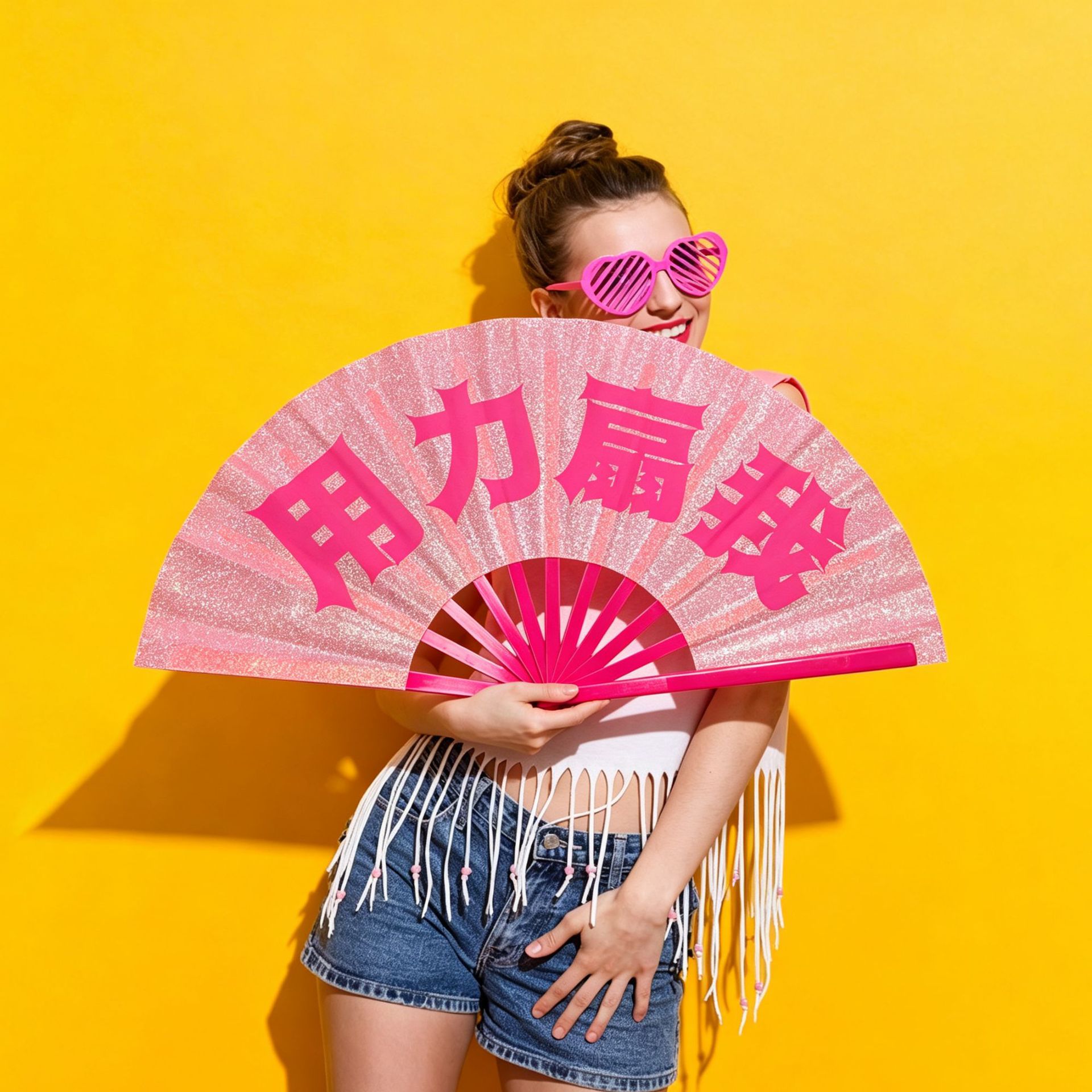 定制闪粉扇面有色塑料骨功夫扇 活动派对用大尺寸响扇折叠扇批发