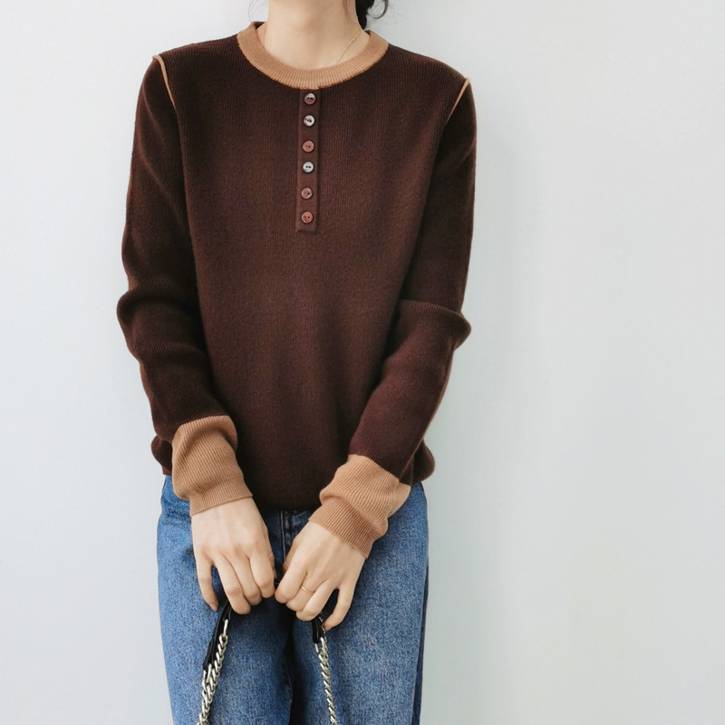 Off-Code Clearance Round Neck Pullover Contrasting Color 100 Wool Women's Wool Knitwear Button Slim Knitwear Knitwear