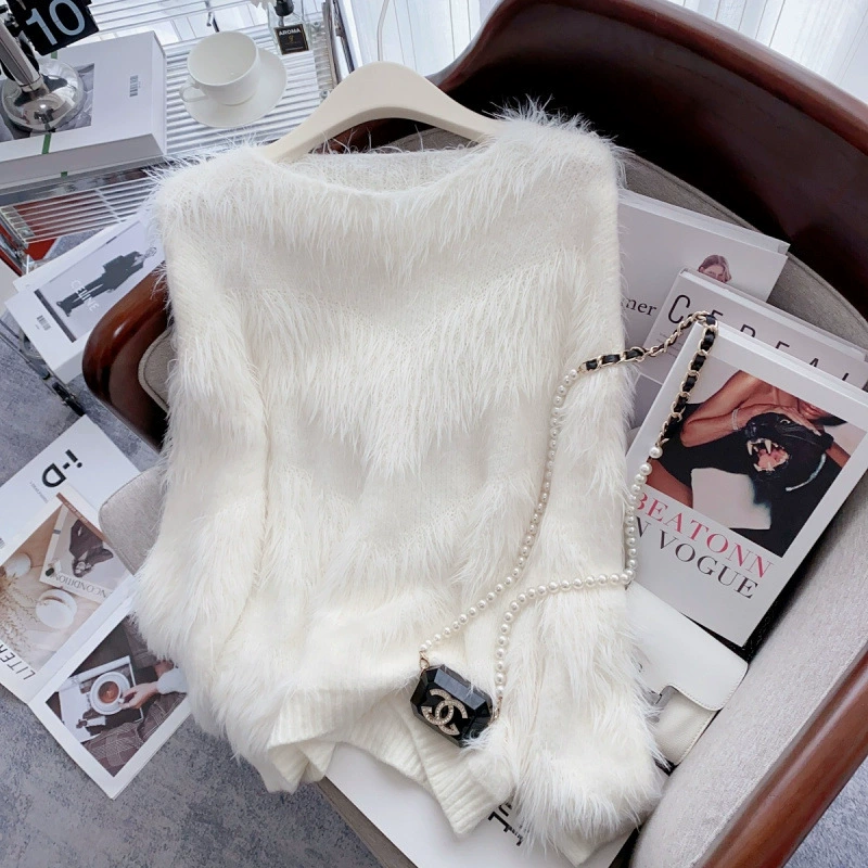 Женский пуловер во французском стиле, осенне-зимняя утолщенная верхняя одежда, нежный и ленивый вязаный топ из мягкого норкового меха.