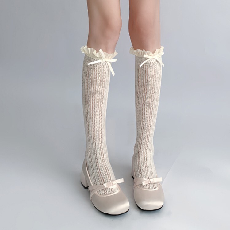 Stacked Socks Children's Foothigh Socks Ballet Style Lace Bow Lace Socks Mesh Hollow Ear Edge Mary Jane Socks