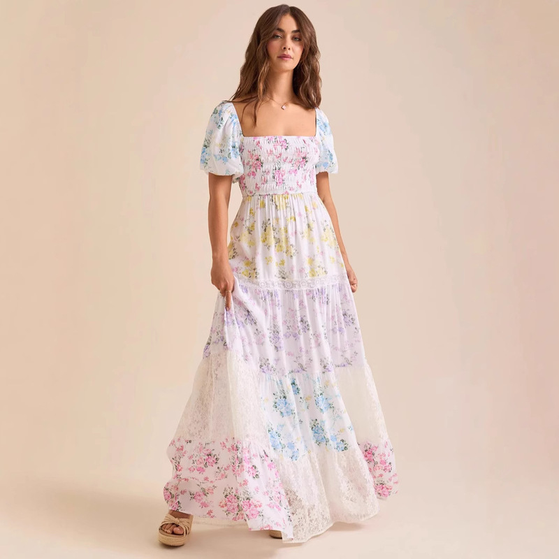 S32321 Cross-border European and American Style Spring and Summer New Puff Sleeve Printed Lace Tube Top Stitching Pleated Large Dress Women's Clothing