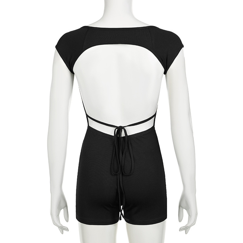 Sports Women Clothing Solid Color Hollow Out Cutout Backless Lace up Jumpsuit Sexy Sheath One Piece Top Shorts Outer Wear