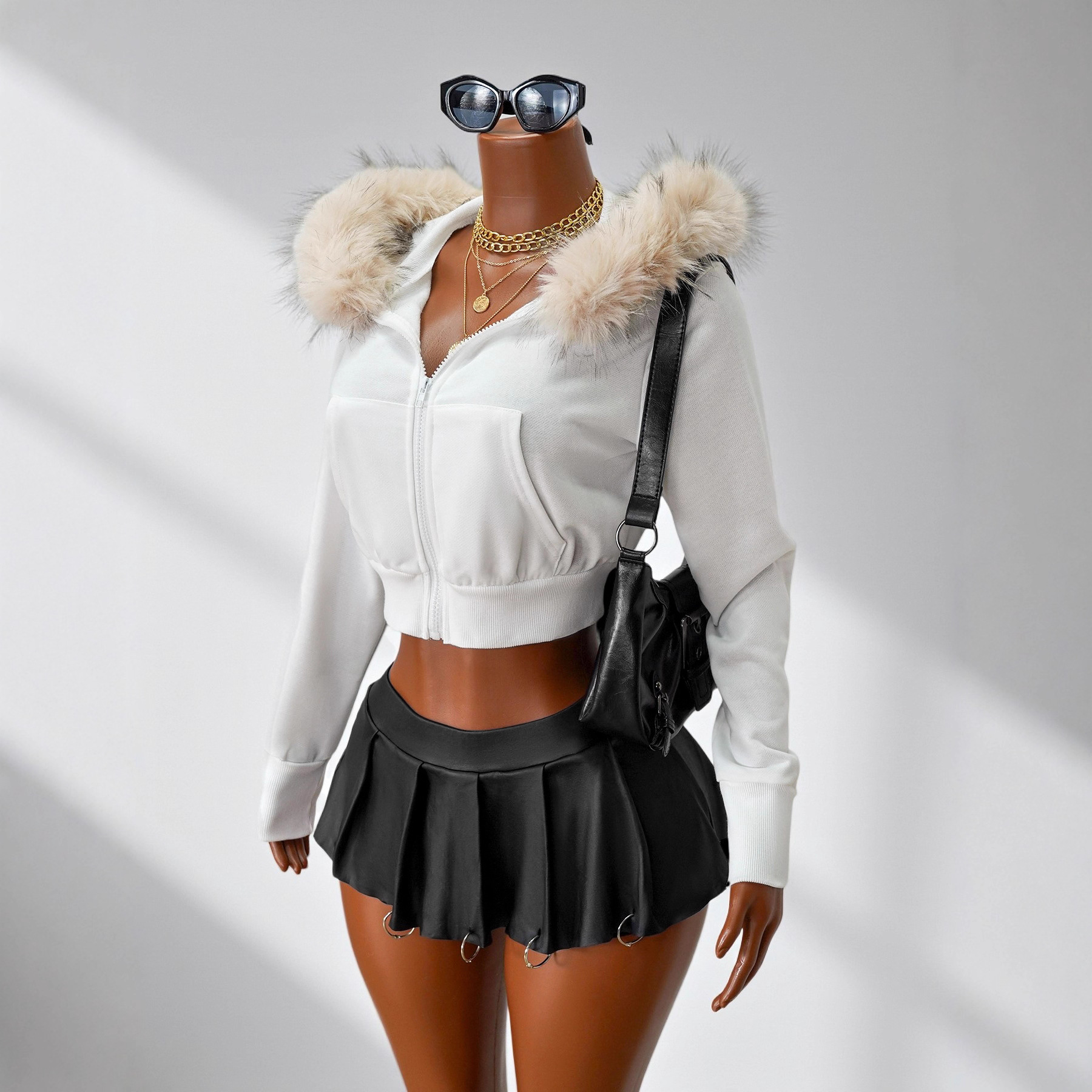 Petite Hooded Short Jacket Large Fur Collar Zip Up Solid Color Cropped Sexy Sweatshirt Autumn Winter Outerwear_voghion.com