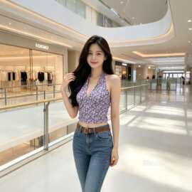 明星同款紫色碎花V领挂脖上衣夏季修身收腰无袖背心女