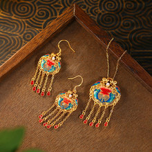 跨境Temu热卖新中式仿玉石年年有鱼如意平安锁流苏项链耳环套装女