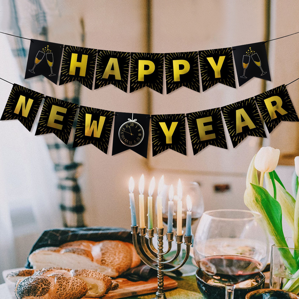 Mayorista 2023 Año Nuevo tira de la bandera negra estampado decoración de fiesta cola de pescado decoración de Año Nuevo feliz