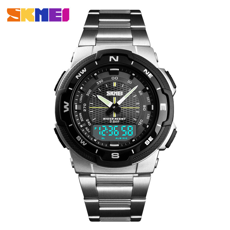 Skmei correa de acero transfronteriza estudiante doble pantalla reloj electrónico skmei moda al aire libre multifuncional reloj deportivo para hombre
