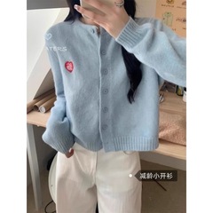 小个子甜美爱心刺绣针织短款外套女春季软糯休闲上衣外搭开衫毛衣
