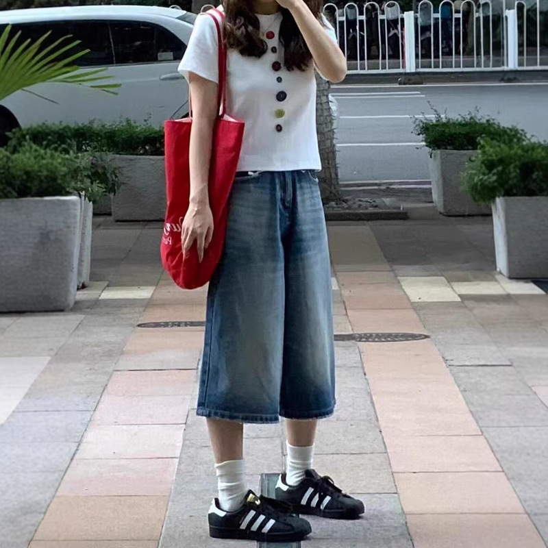 American Retro Wide-Leg Denim Shorts for Women, Summer Plus-Size, High-Waisted, Loose-Fitting, Slimming, Seven-Eighths Length Pants
