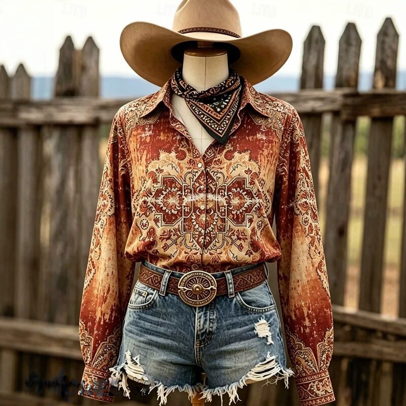 American Western retro totem print long-sleeve shirt, niche style women's cardigan top American Western retro totem print long-sleeve shirt, niche style women's cardigan top