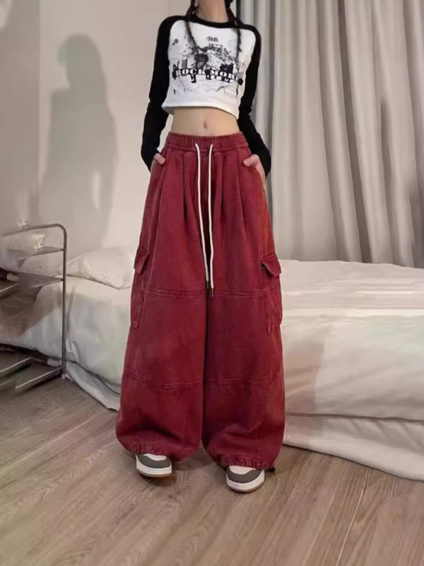 アメリカのレトロなピンクの服装のズボンの女性の春秋のまっすぐな筒のゆったりしている広脚の高い腰はやせているカジュアルなズボンのデニムのズボンの潮を現します。|undefined