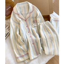 双层棉纱睡衣女100%纯棉秋季长袖长裤夏天可爱少女家居服套装批发