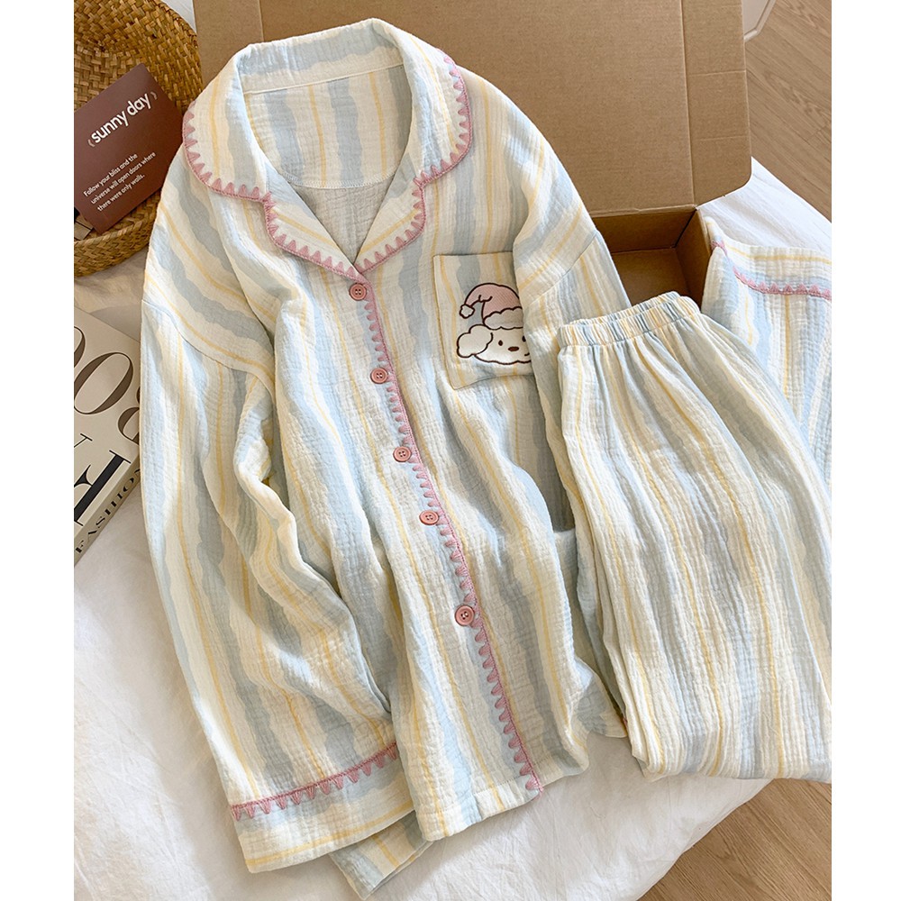 Double-Layer Cotton Gauze Pajamas for Women, 100% Pure Cotton, Autumn Long-Sleeve Long Pants, Cute Summer Home Wear Set for Girls, Wholesale