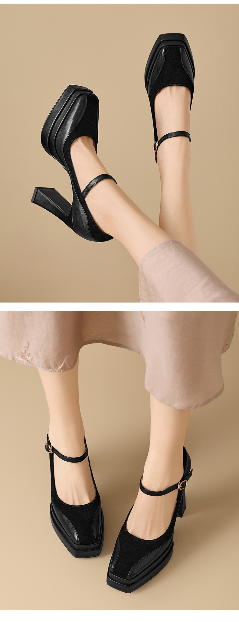 Giày Mary Jane nữ mũi vuông gót vuông đế platform cao 9 cm, da thật, quai ngang có khóa — màu nâu, màu đen chi tiết 9