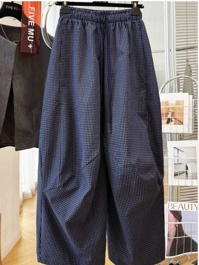 Quần culottes nữ ống rộng họa tiết ô vuông nhỏ phong cách retro — Thanh Tây Tạng