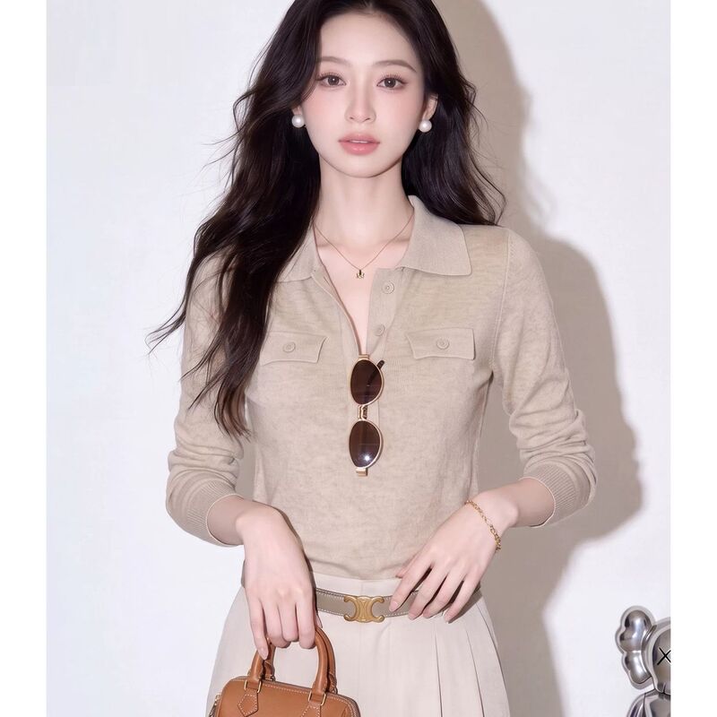 Niche popular polo collar old money style knit sweater for women, autumn 2026 new slim-fit long-sleeve elegant top Niche popular polo collar old money style knit sweater for women, autumn 2026 new slim-fit long-sleeve elegant top