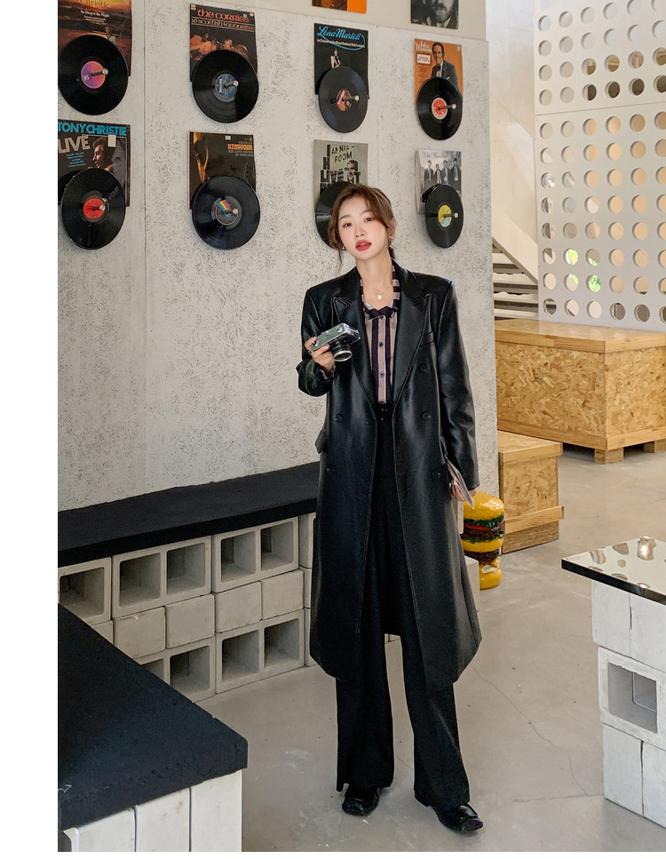 Women's Black Pu Leather Blazer Slim Fit Elegant Spring Coat_voghion.com