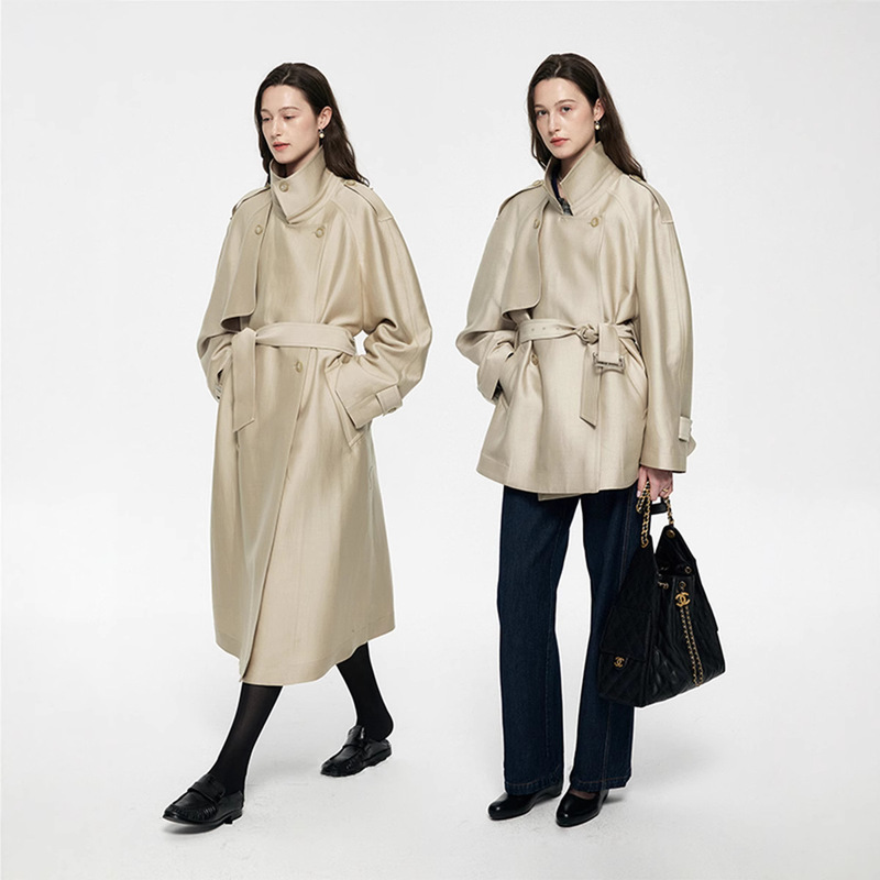 High-End Accessible Luxury Silk Wool Silhouette Windbreaker for Women in Autumn and Winter New Loose Elegant Strappy Over-The-Knee Outwear Jacket