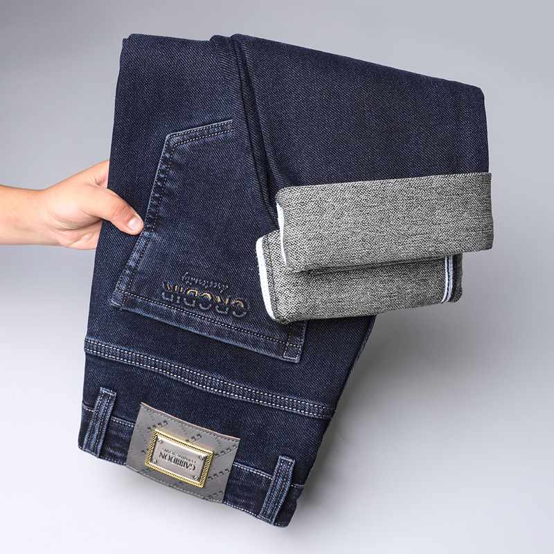 Winter Thickened High Quality Jeans, Straight Tube Cotton Elastic Polished Bottom, Protecting the Skin, Business Casual_voghion.com