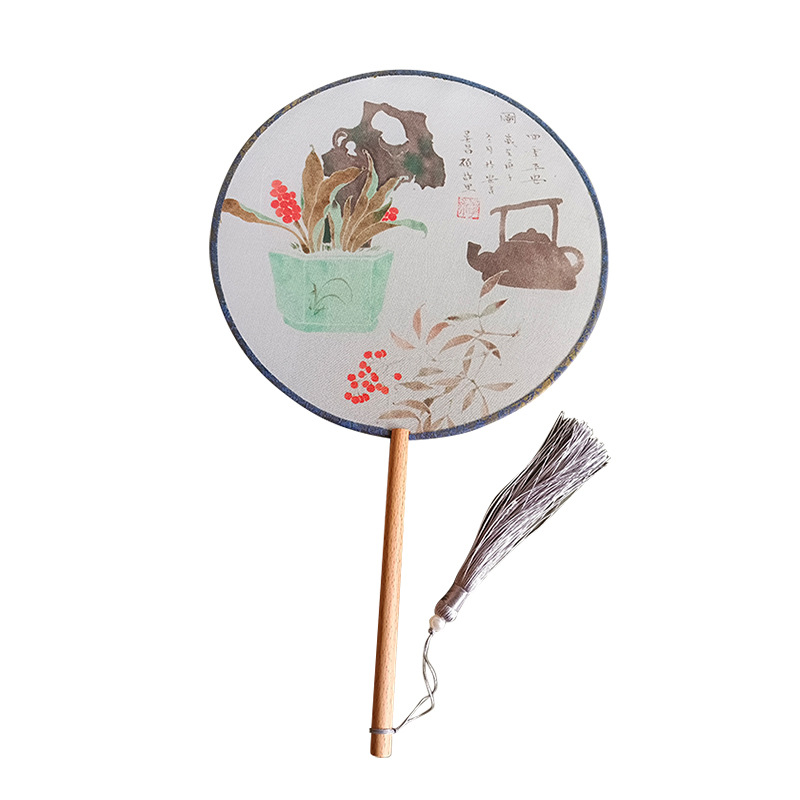 Ventilador redondo de estilo antiguo ventilador de doble cara de mango largo danza ventilador publicitario traje antiguo Hanfu cheongsam ventilador redondo de estilo chino ventilador de palacio al por mayor