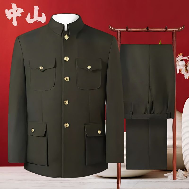 Army Green Men's Suit for Middle-Aged and Elderly, Fleece-Lined Jacket, Traditional Style, Senior's Top, Dad's Military Casual Wear