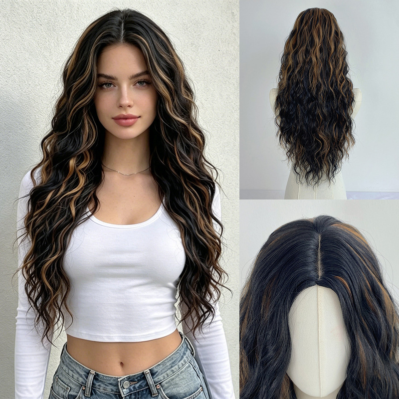 European and American Cross-Border Black and Gold Highlights Long Curly Wig for Women, African Small Curls Synthetic Fiber Wig, Foreign Trade Wholesale European and American Cross-Border Black and Gold Highlights Long Curly Wig for Women, African Small Curls Synthetic Fiber Wig, Foreign Trade Wholesale