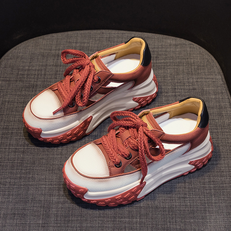 Giày sneaker chunky đế dày da lỗ rỗng nữ phong cách retro mùa hè 2025 — M2319 màu đỏ, M2319 màu đen, M2319 màu trắng, M2319 màu vàng