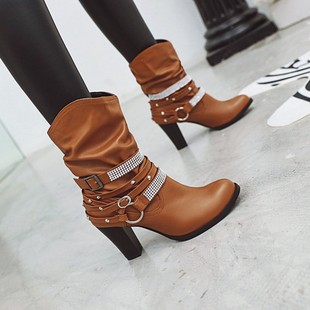 33-48 Foreign Trade Cross-border Ankle Boots European and American Style Rhinestone Thick High-heeled Belt Buckle Women's Ankle Boots Knight Boots W438