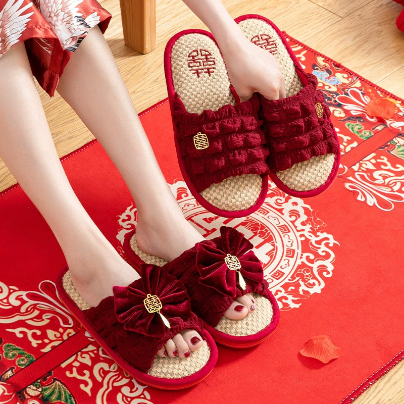 Свадебные льняные тапочки легкие и экстравагантные пары свадебные праздничные красные пары летних невест приданое утренние тапочки