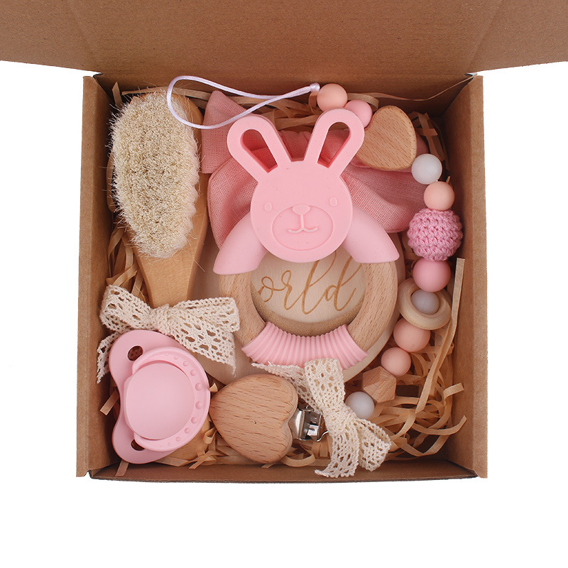 Caja de regalo para recién nacidos transfronteriza, chupete de mordedor de conejo, cadena de chupete de lazo hecha a mano, calma al bebé