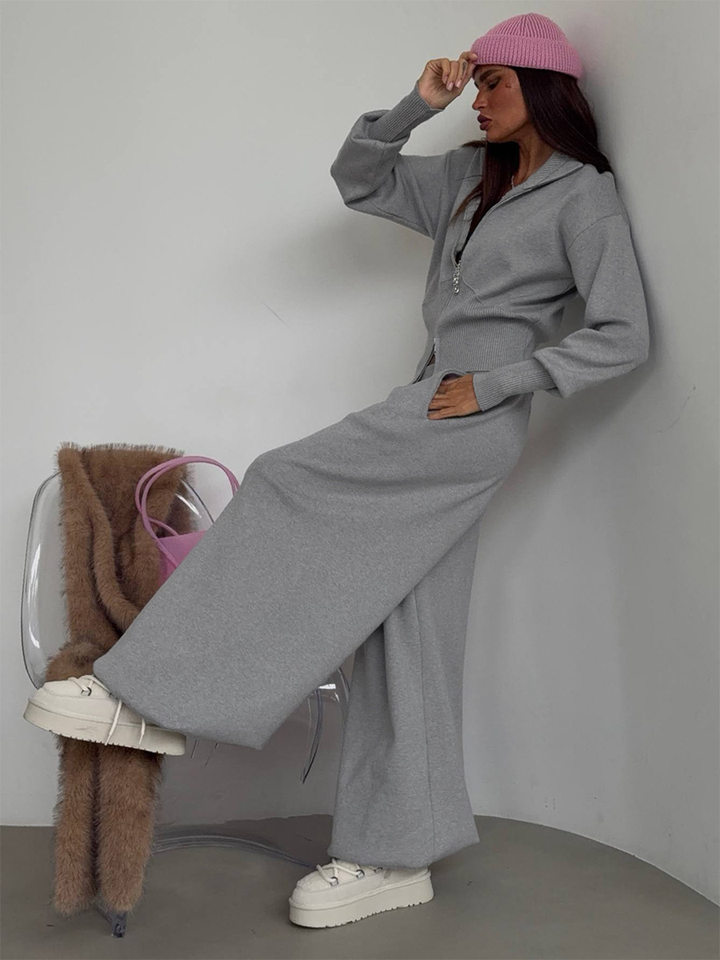 Set áo len cardigan dáng rộng phối quần ống lồng hai dây kéo — màu hồng, màu xám
