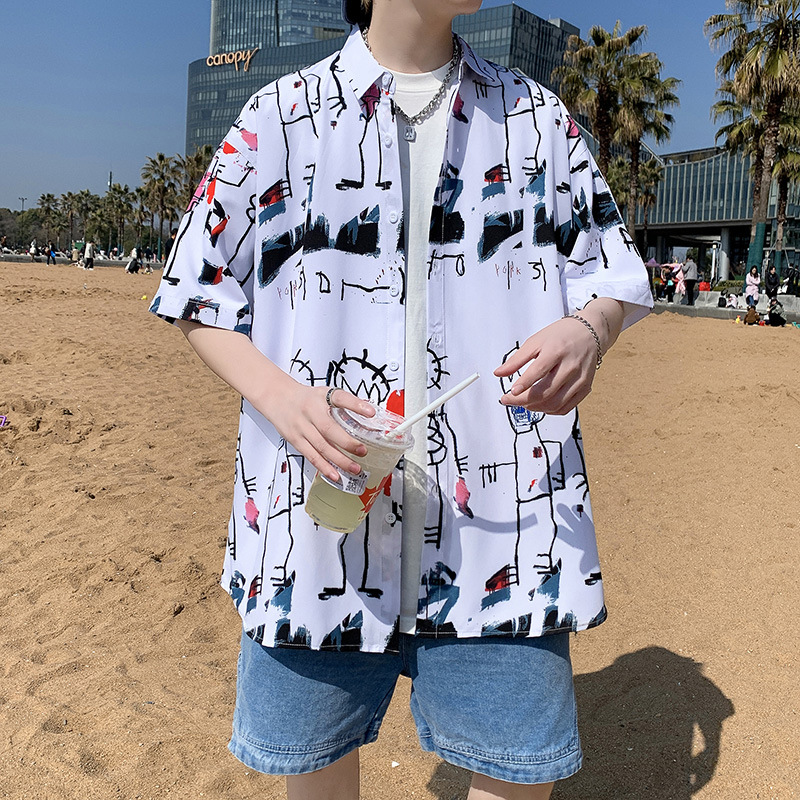 2024夏短袖衬衫男夏季新款港风宽松设计感痞帅寸衣跨境男装供货