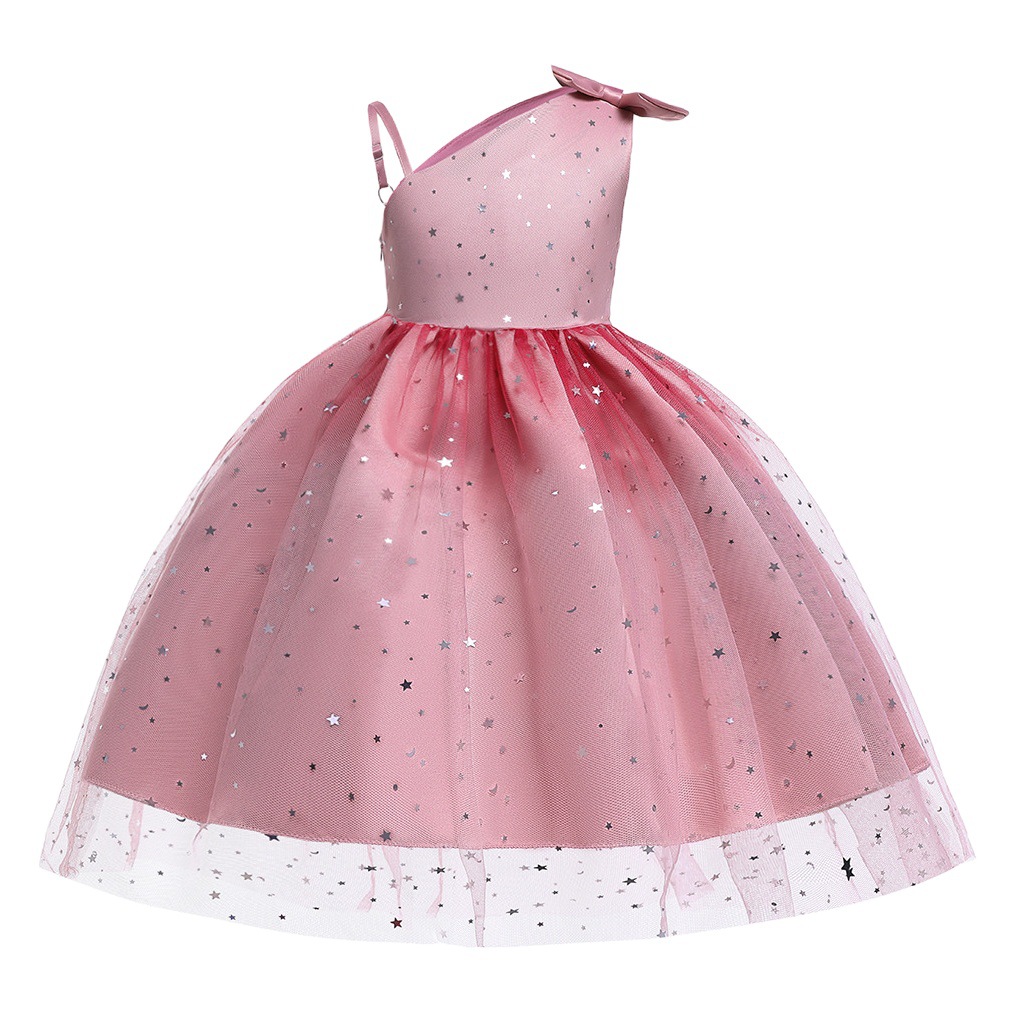 2024 europeo y americano nuevo vestido infantil Correa fuera del hombro cielo estrellado vestido de malla flor niña princesa vestido de los niños vestido de rendimiento