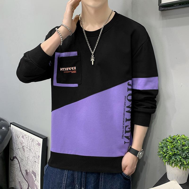 Suéter de los hombres de otoño forrado de lana suéter de manga larga cuello redondo camisa de fondo de los hombres de moda cuello redondo costura popular contraste color ropa de los hombres