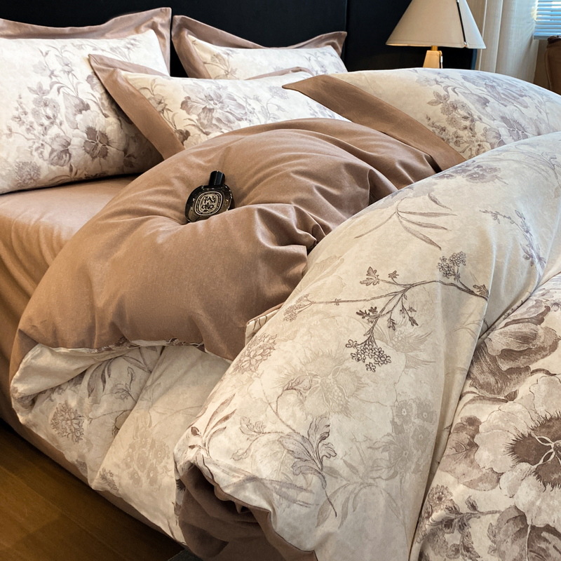 Light Luxury High-end Cotton Sanding Bed Four-piece Set Autumn and Winter High-end Thickened Quilt Cover Bed Sheet Pure Cotton Bed Cover